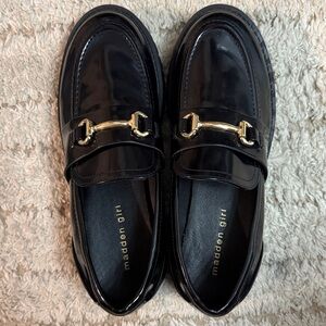 Madden Girl Glossy Black Loafers with Gold Buckle